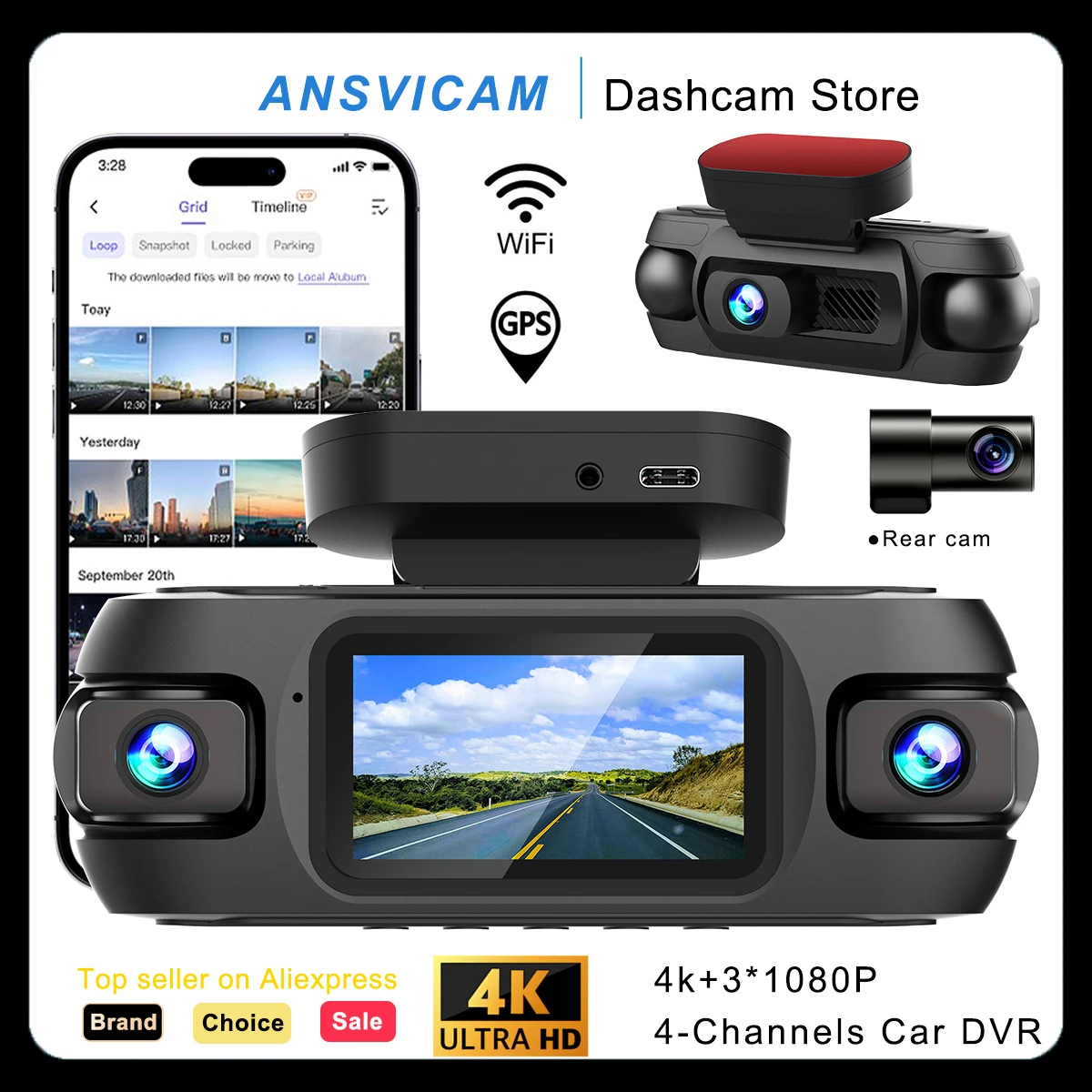 Kamera samochodowa 4CH 4K z GPS, przednia kamera 4K, 2K+3*1080P, kamera 360 °   Monitorowanie parkowania Sterowanie przez aplikację WiFi Noktowizor Nagrywanie w pętli 24h Rejestrator samochodowy DVR