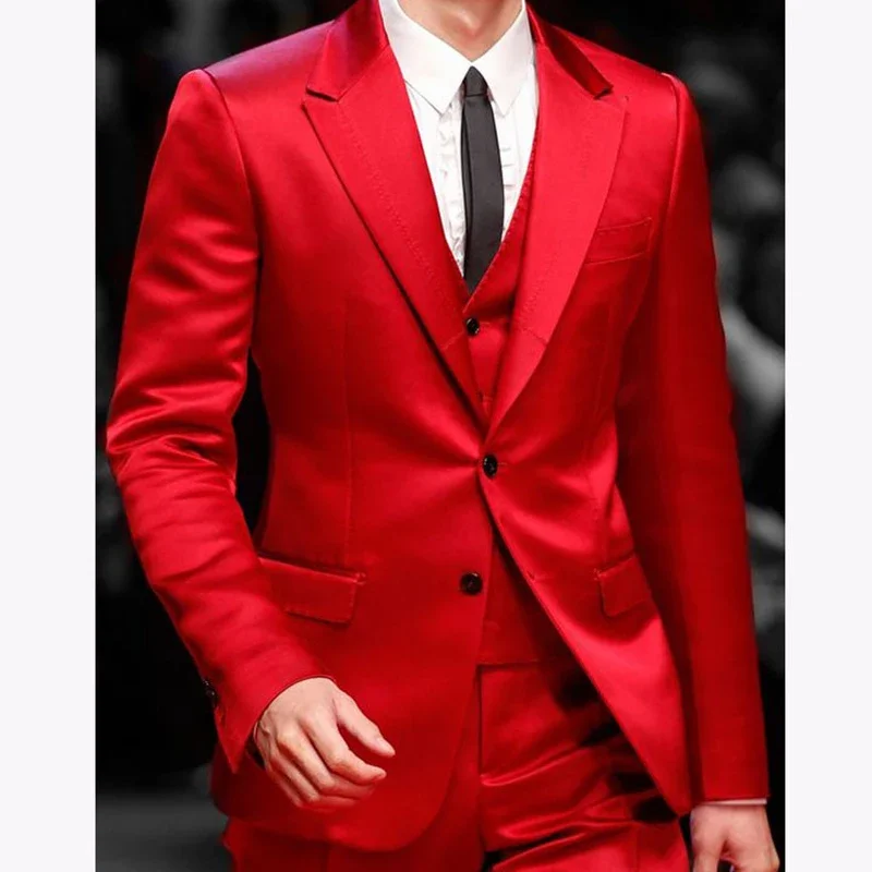 Slim Fit Red Men Suits for Prom Singer Stage 3 Piece Satin Wedding Groom Tuxedo Male Fashion Jacket Waistcoat with Pants 2023