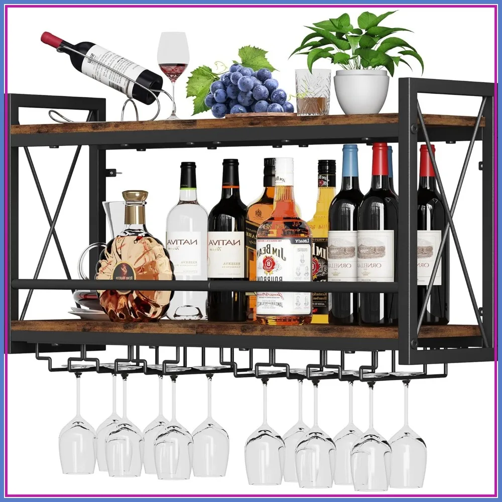 

Wall Mounted Wine Rack, Bottle & Glass Holder Wood-Metal Retro Storage for Kitchen Dining Room Home Bar
