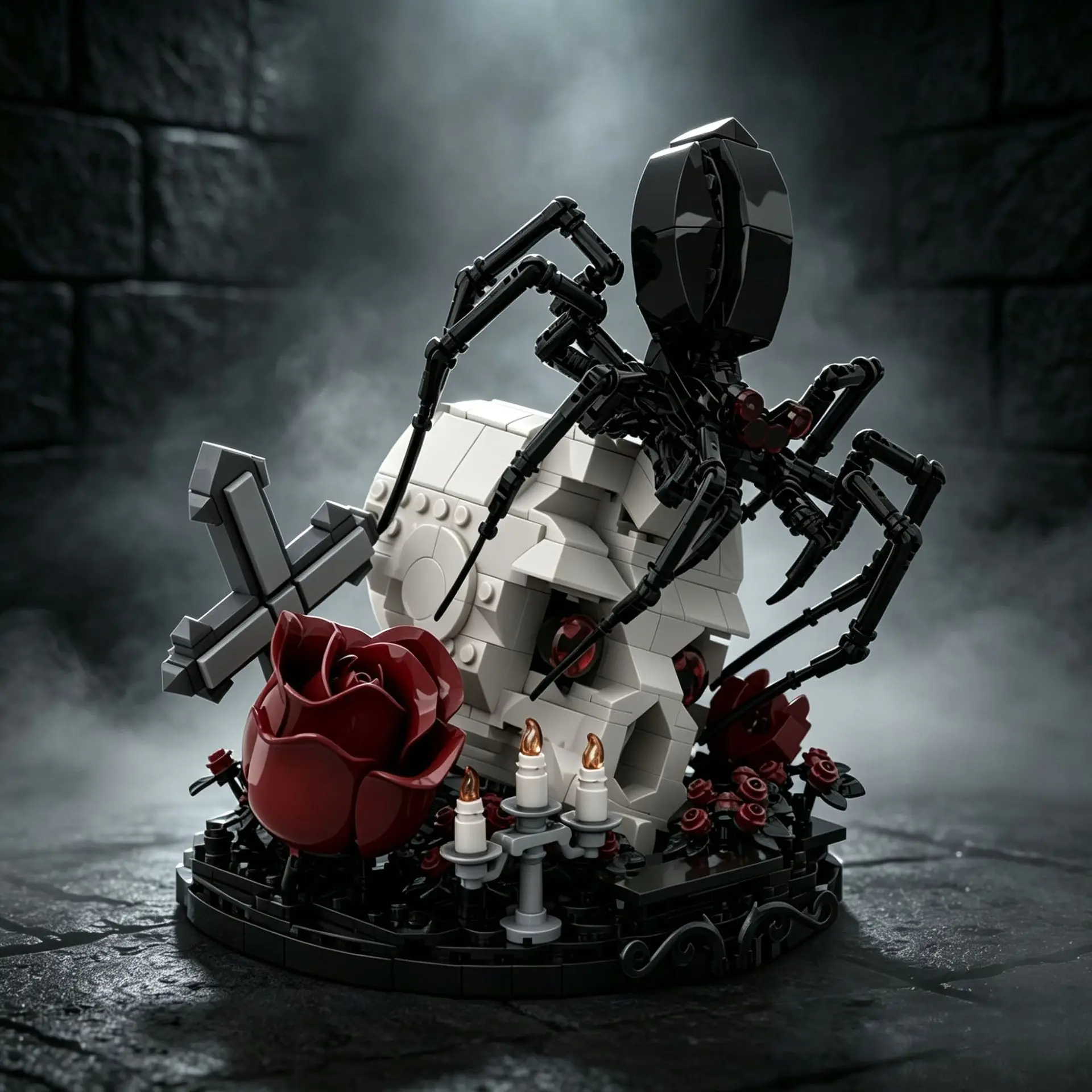 MOC Gothic Spider Skull Rose Building Bricks Toys Halloween Skull Spider Candlestick Decor Blocks Model Compatible With LEGO
