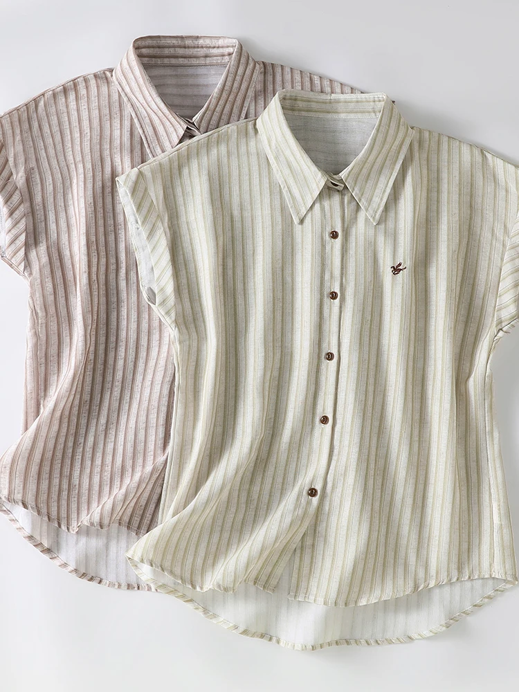 Loose Fit Summer New Style Women's Cotton Linen Stripe Shirt Thin Short Sleeve Casual Fashion Versatile Breathable Comfortable