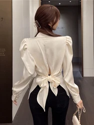 Zoki Women Back Bow Elegant Puff Sleeve Shirt Fashion Slim Office Lady Casual Blouse Korean Hollow Out Turn Down Collar Tops