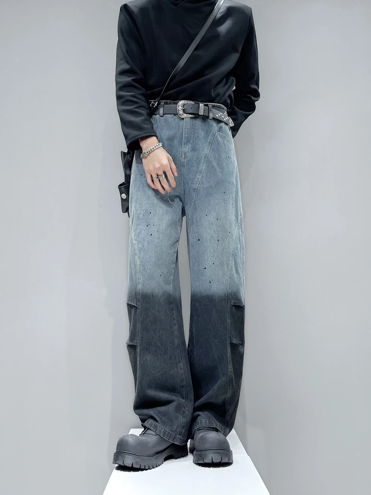 

Retro American Dyed adient Knife Jeans Men's Loose Street Sle Casual Long Trousers Youth Faion Straight Cut