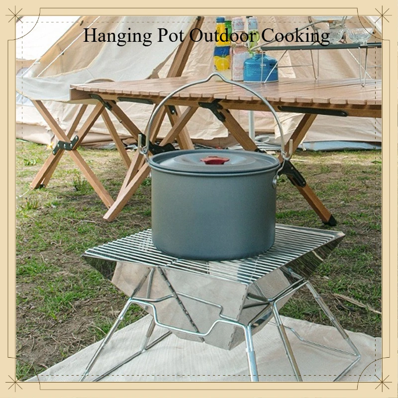 Portable Large Capacity Camping Hanging Pot Outdoor Cooking Soup Pot Suitable for 6-8 People Picnic Cookware Equipment