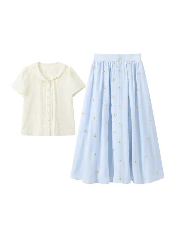 Floral Embroidered High Waist Midi Skirt Women Summer A-Line Slim Fit Flowy Skirt Elegant Mid-Length Skirt Daily Picnic Wear
