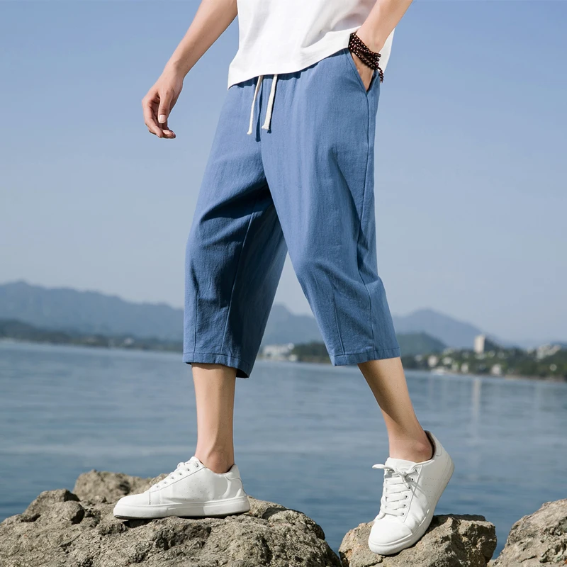 

Cotton Linen Straight Leg Casual Pants Men's Summer Sport Loose orts Thin Model mid Waist Pure Color Casual Trousers