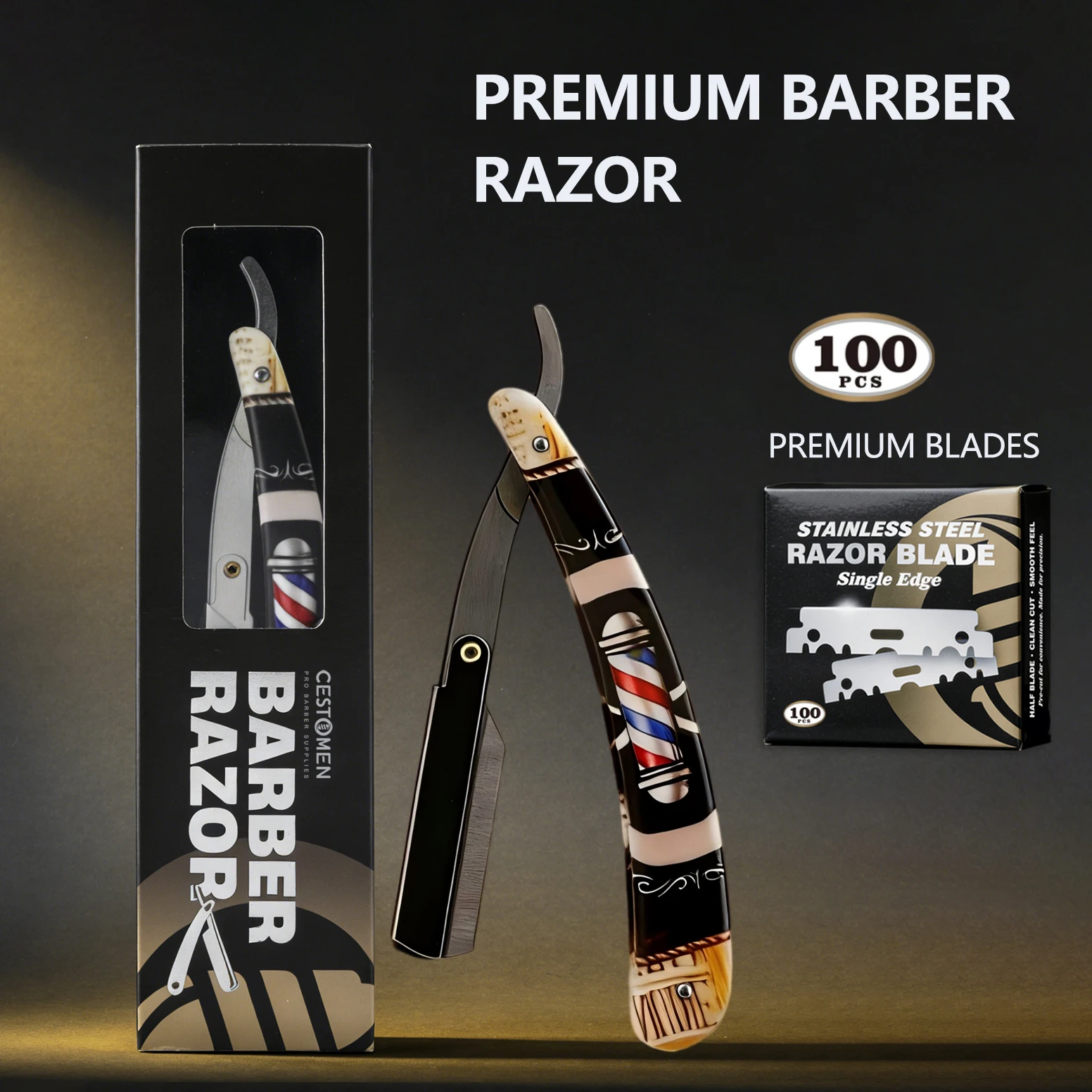 Professional Men Folding Straight Razor Set Vintage Salon Pole Handle Manual Shaver Holder Barber Hairdressing Hair Removal Tool