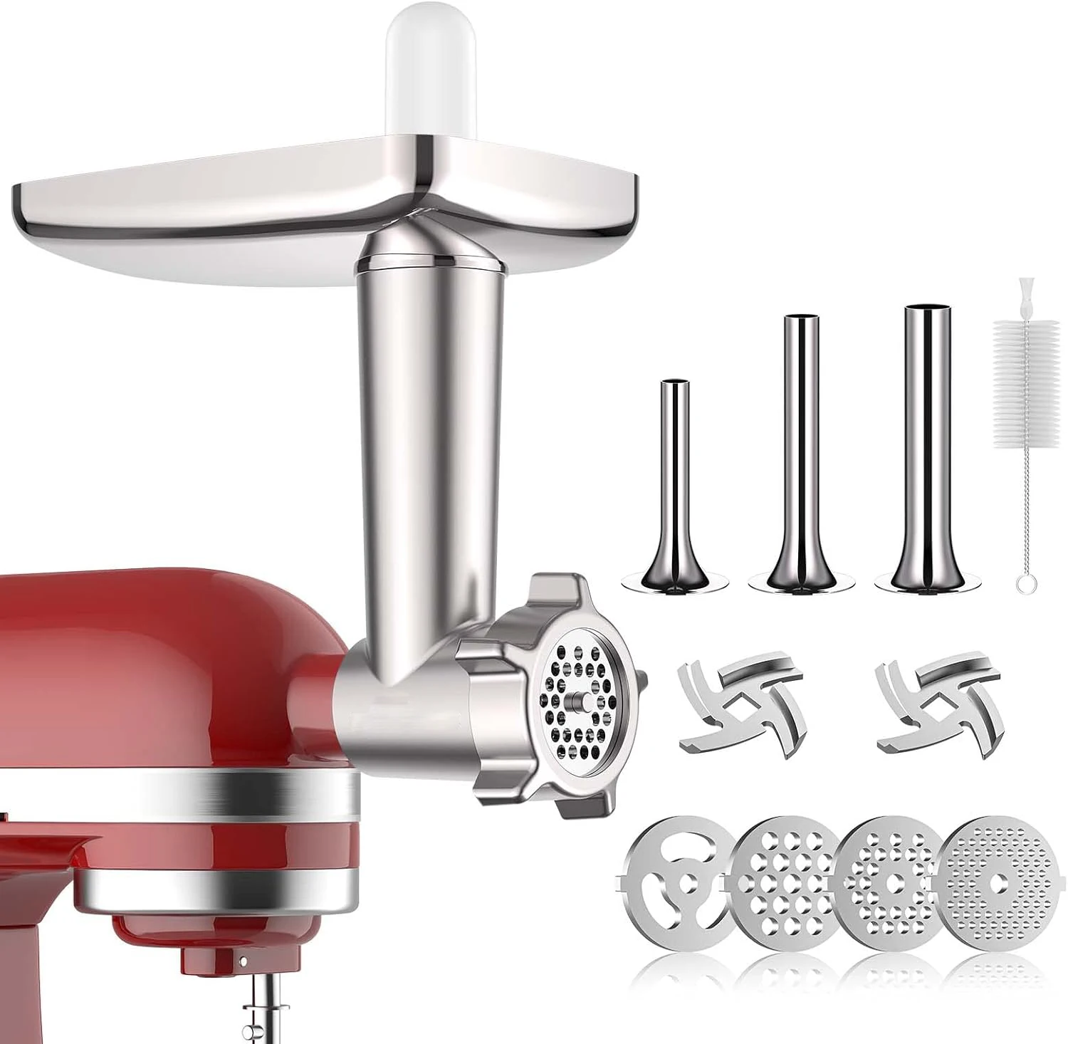 

Meat Grinder Attachment for KitchenAid Stand Mixer, Include 2 Grinding Blades,4 Plates,3 Sausage Kubbe Kit, Burger Press Holder