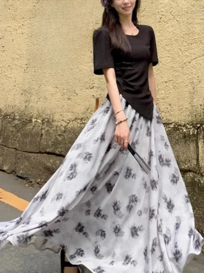 Afslanken Chinese Sle Zomer Nieuwe Trendy vrouwen Set Bloemen f Rok Ele Top plus Size 300Pou Tweedelige Set