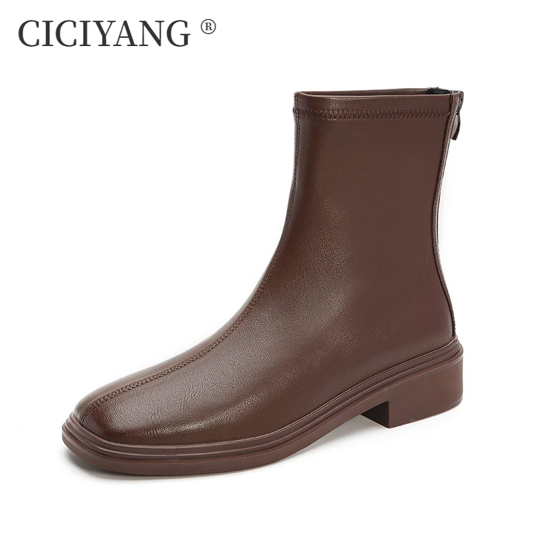 CICIYANG Ankle Boots Women Cowhide 2024 Autumn Winter New Square Head British Style Chelsea Marton Boots Plush Ladies Booties