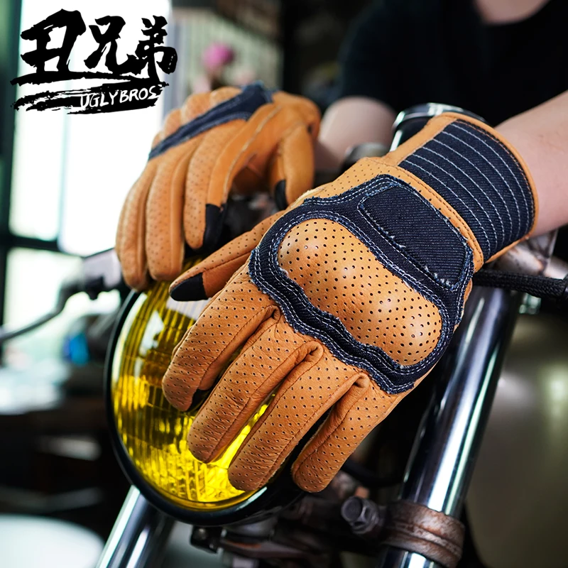

Uglybros Genuine Leather Retro Motorcycle Gloves Full Finger Knuckle Protection Racing Riding Motorbike Gear