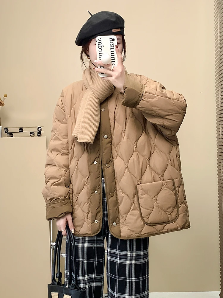 한국 슬레 경량 오트 퍼퍼 재킷 여성용 라운드 네 다운 코트 화이트 듀 페더 루즈핏 겨울 아우터웨어