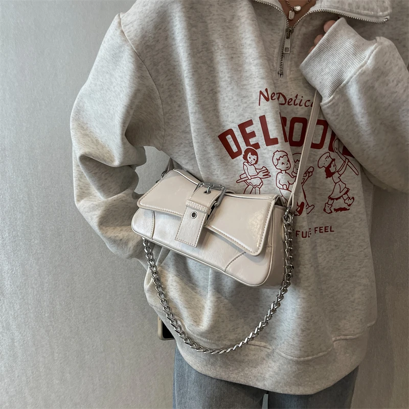 Silver Small PU Leather Crossbody Bags for Women 2023 Y2K Luxury Brand Females Underarm Shoulder Side Bag Chain Handbags