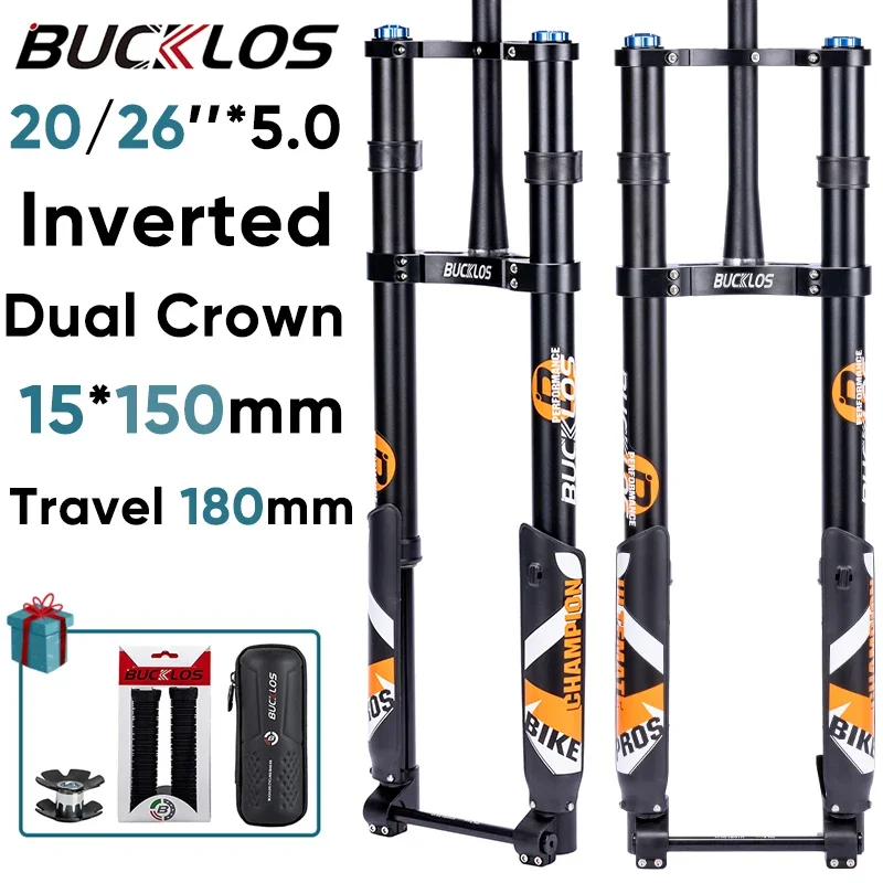 

BUCKLOS Double Shoulder Ebike Air Fork 20*5.0 26*5.0 Fat Bike Inverted Fork Travel 180mm 15*150mm Bicycle Suspension Fork E-bike