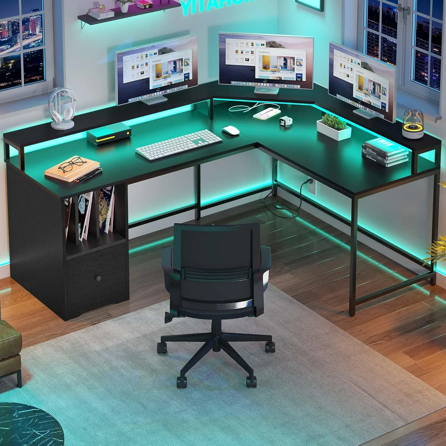 L Shaped Desk with File Drawer 3 Cubbies Storage Shelves Corner Computer LED Lights Power Outlets Office Desk with Monitor Stand