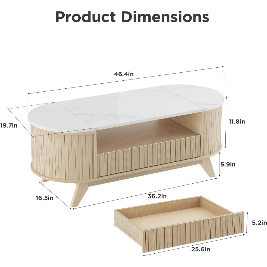 46.4 Fluted Oval Coffee Table with Drawer for Living Room, Metal and Wood, Matte Black, Space-Saving Storage Design