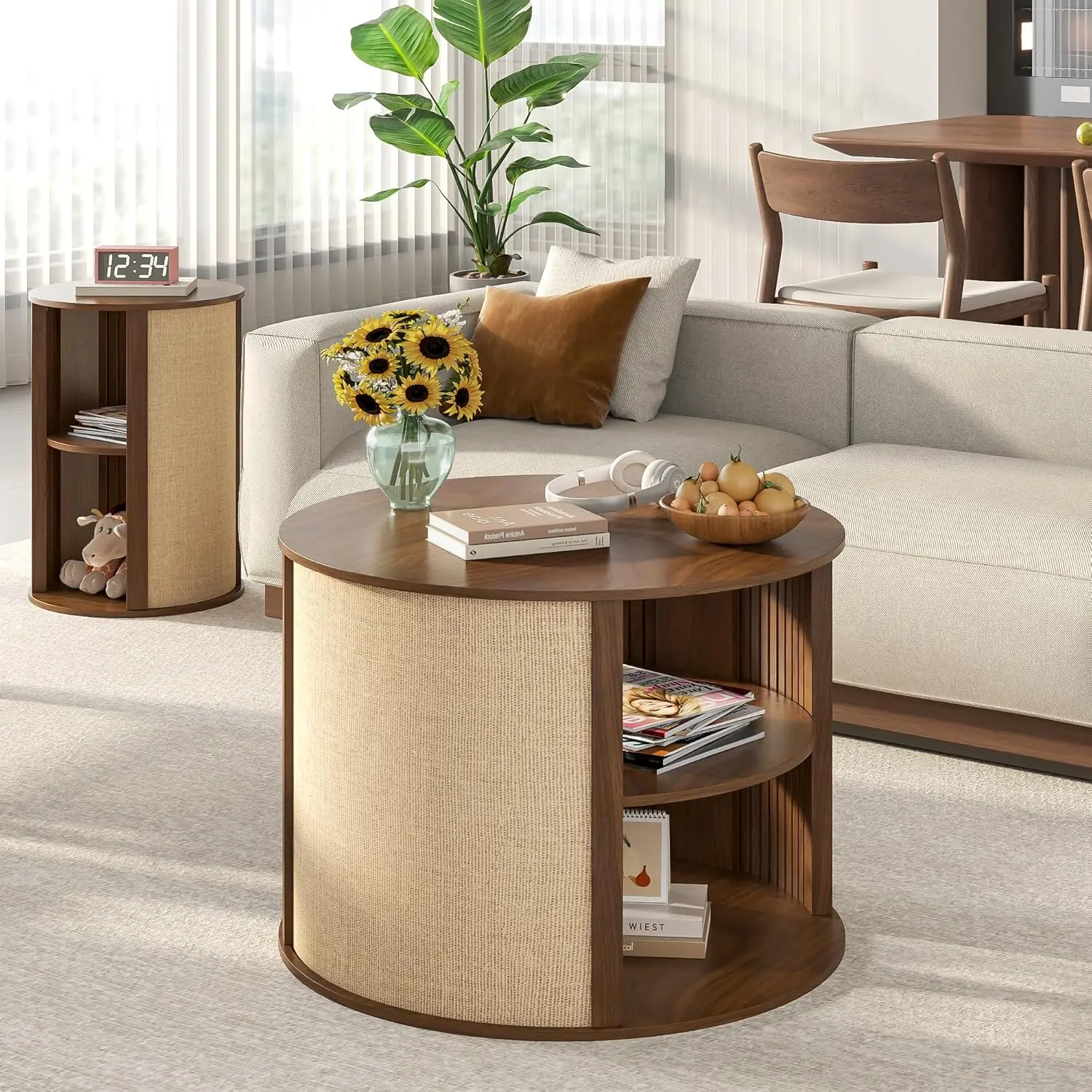 طاولة قهوة مستديرة مع مساحة تخزين، طاولة قهوة خشبية حديثة من طبقتين من بوهو لمنتصف القرن مع رف قابل للتعديل، قماش كيس
