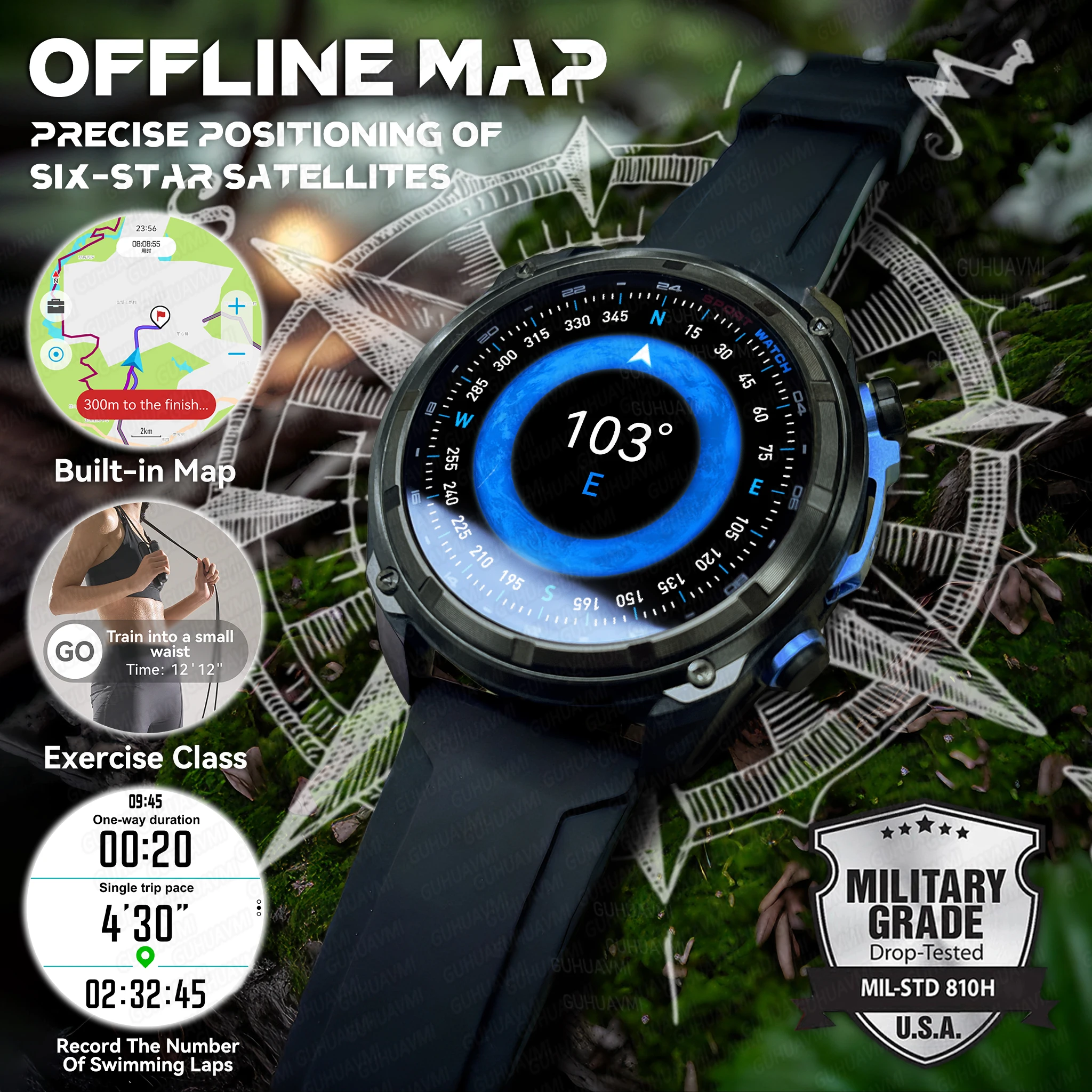 

2025 New Military Sport GPS 4GB Memory Smartwatch Men 5ATM Waterproof Fitness Tracker Offline Maps 860Mah Battery Smart Bracelet