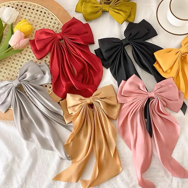 Elegant Oversize Ribbon Satin Bow Hair Clips Barrettes Women Girls Silk Bowknot Hairpin Spring Clips Ponytail Hair Accessories