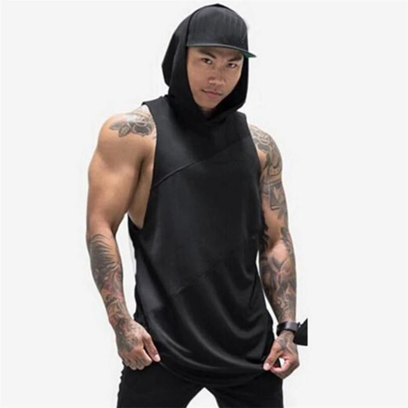 Men Fashion Splicing Cotton Mesh Breathable Tank Tops Gym Fitness Hooded Sleeveless Summer Workout Muscle Running Sport T-Shirt