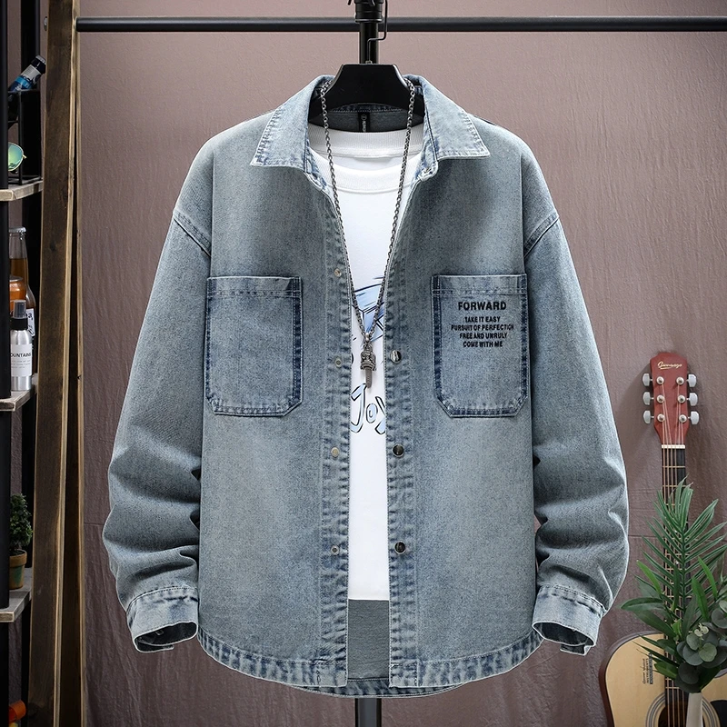 

Retro American Casual Loose Long Sve Denim irt Jaet Men's Spring Autumn Thin Sle Youth Faion Classic Collar