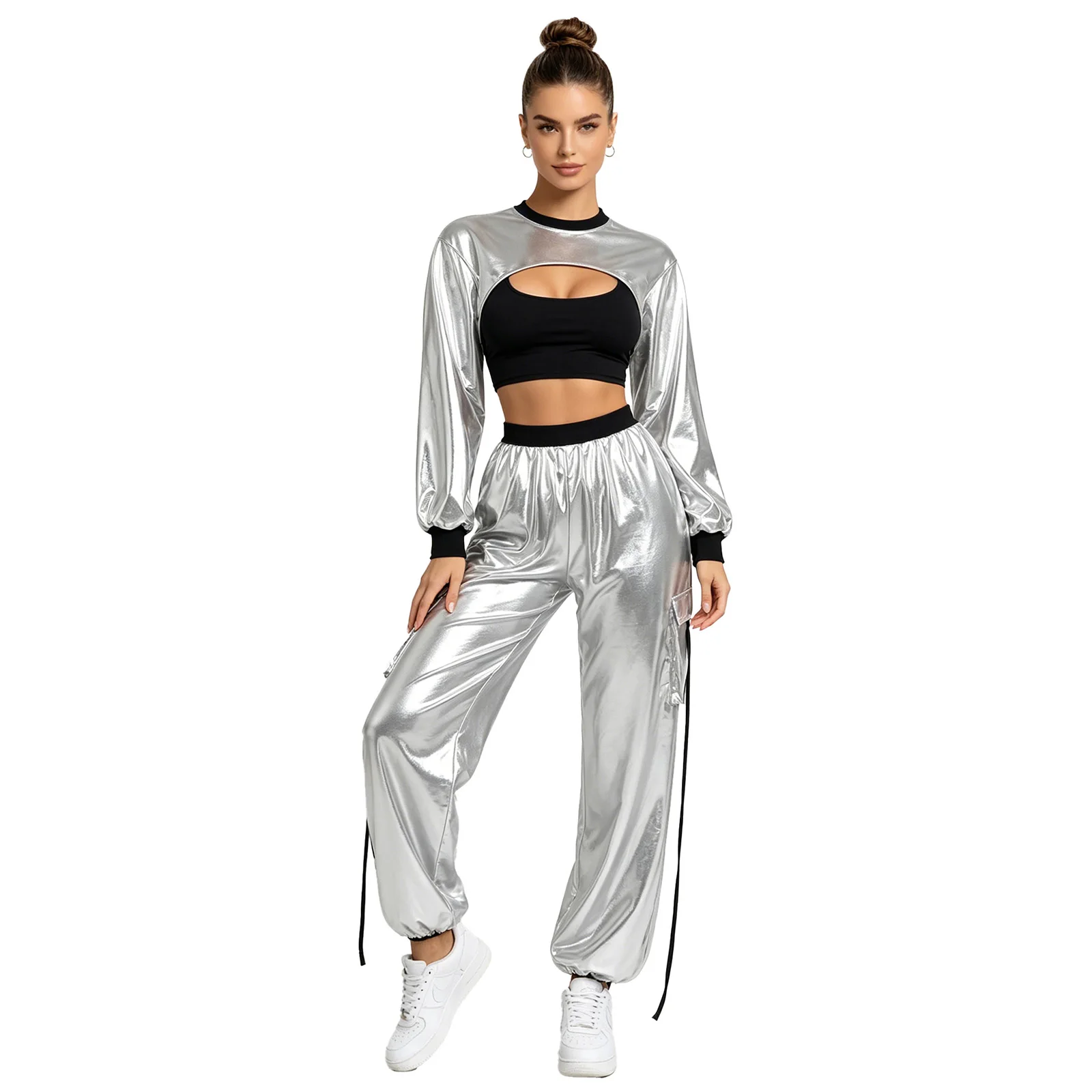 Women 2 Pieces Hip Hop Dance Outfits Metallic Glossy Workout Pullover Top And Jogging Pants Disco Jazz Street Dance Clothing Set