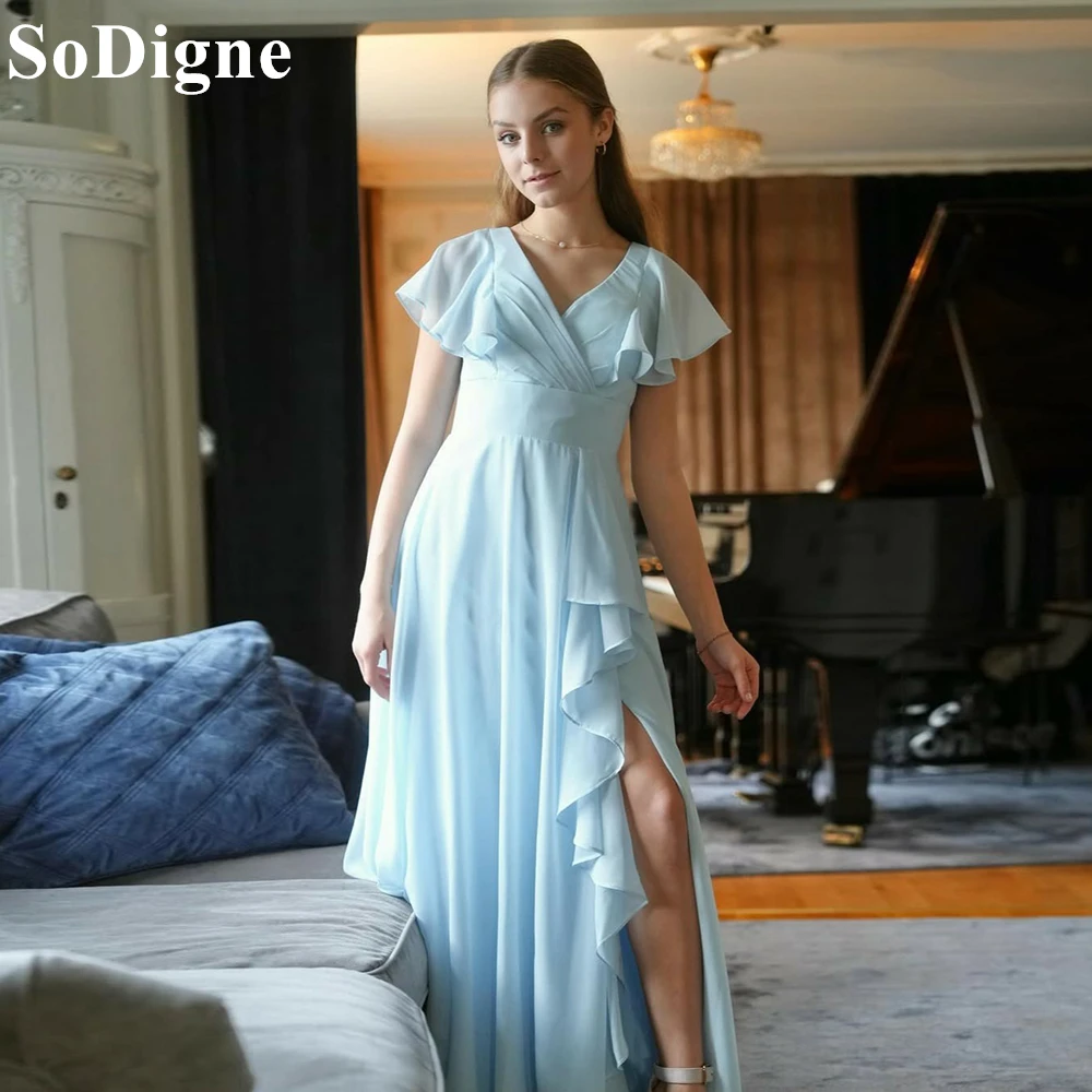 

SoDigne Sky Blue Chiffon Evening Dresses V-Neck Cap Sleeves Ruffles A-Line Pleated Party Dress Side Slit Prom Gowns Customized