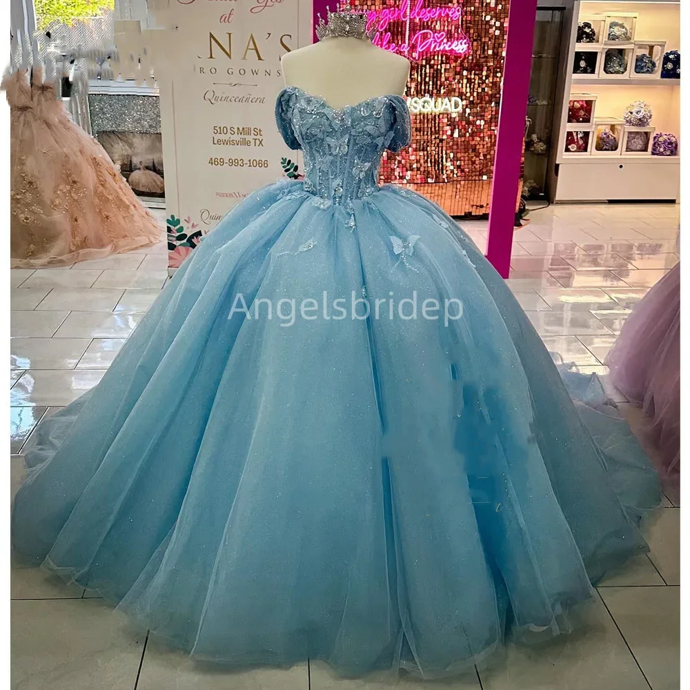 Angelsbridep Sky Blue Quinceanera Dress Butterfly Bow Ball Gown Off Shoulder Corset Pageant Sweet 15 Party Vestidos De XV Años