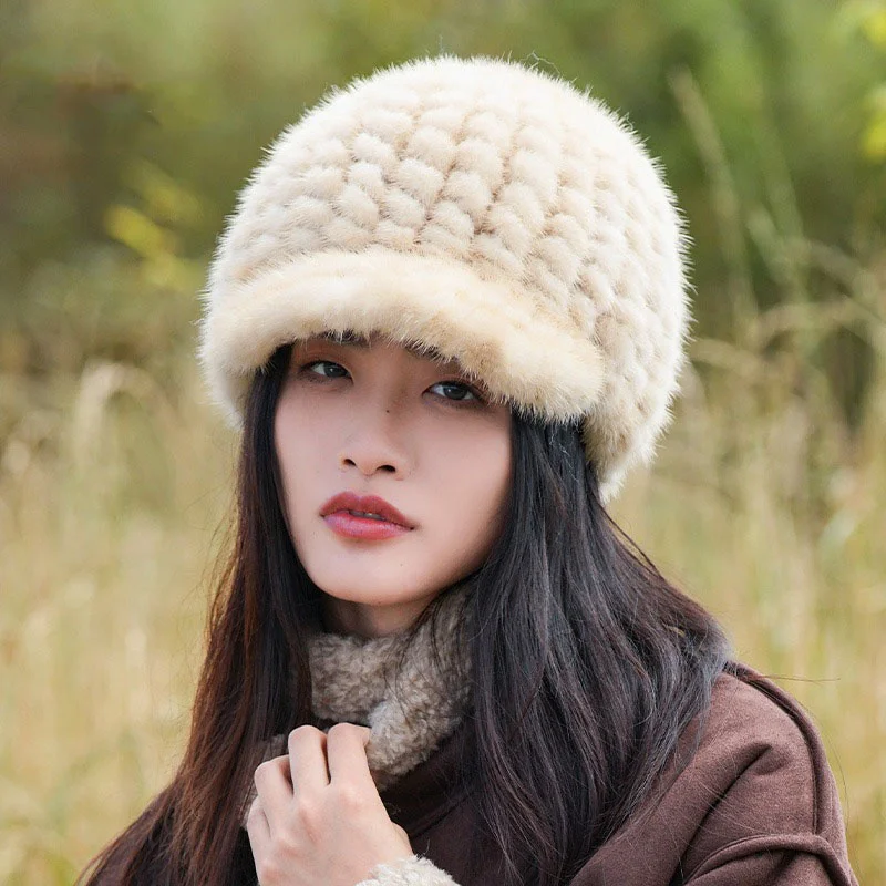 

2023 New Winter Mink Woven Duck Tongue Hat Warm And Fashionable Mink Skin Hat Korean Edition Women's Baseball Hat