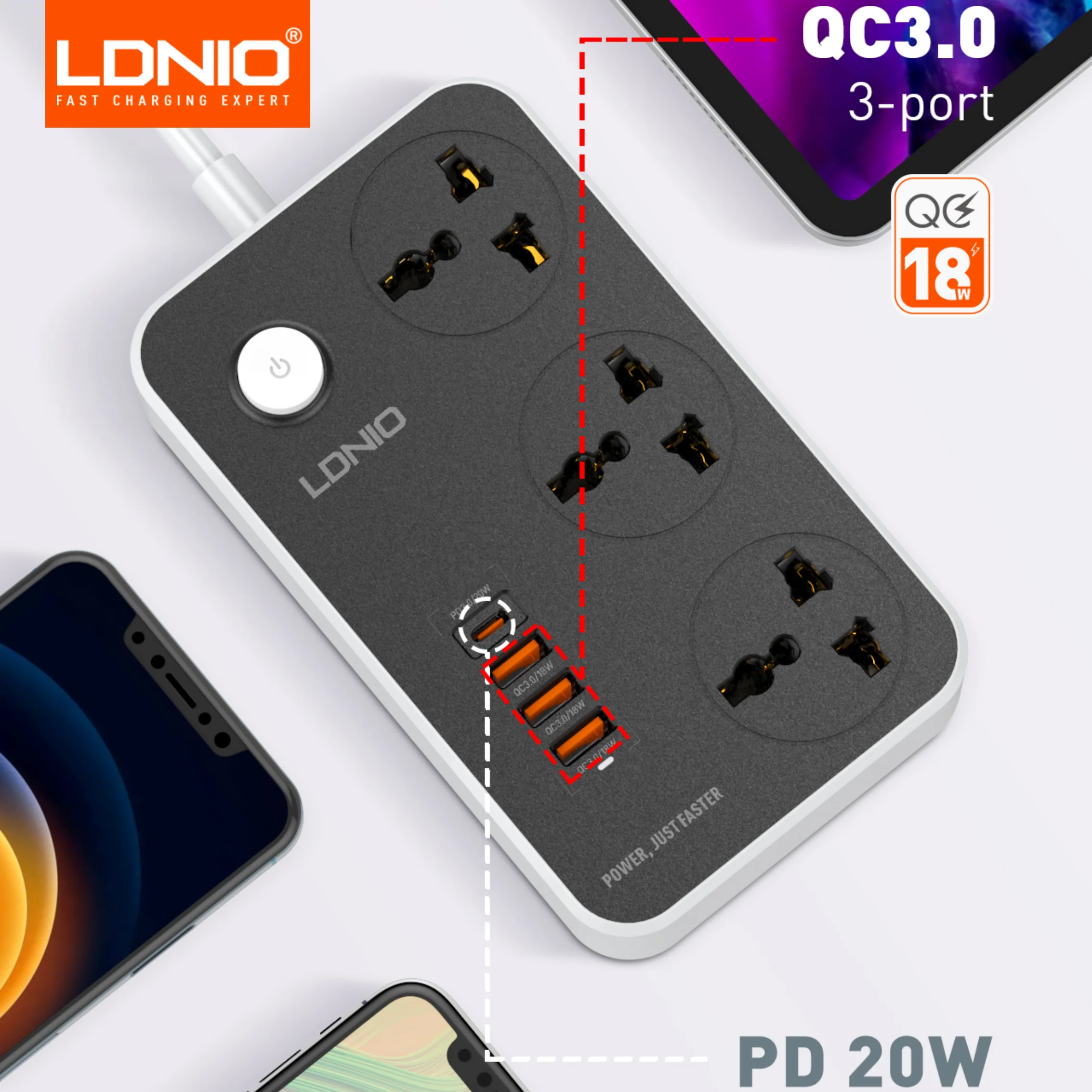 LDNIO Universal Power Strip 3 Sockets 4 USB 2M Extension Power Socket Combo Type-C 20W Port QC3.0 Phone Fast Charging Port