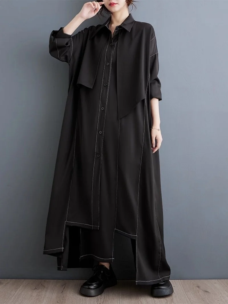 Große Größe Vielseitiges Unregelmäßiges Kleid Für Frauen 2025, Herbst Neue Dunkle Stil Lose Große Größe Spleißen Hemd Kleid w454