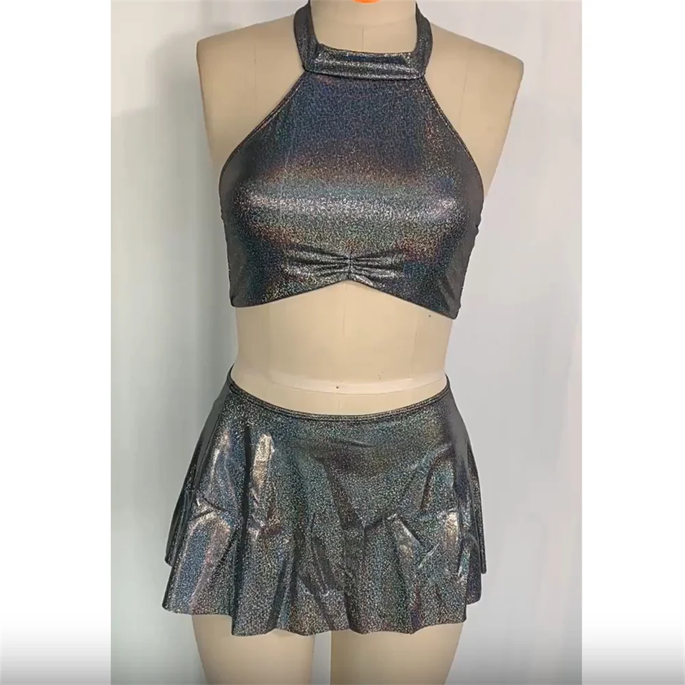 

Металлическое блестящее яркое бикини с открытой спиной и лямкой на шее, бандажный купальник, готическая юбка с рюшами, женский летний купальник, купальный костюм, пляжный наряд