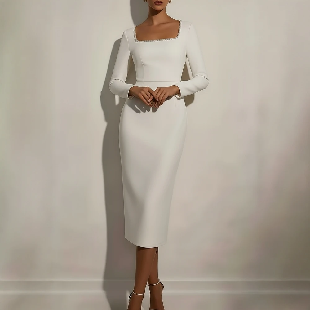 Inverno outono meados de comprimento a linha vestido em torno do pescoço manga reta corpo-encaixe estilo europeu vestido feminino