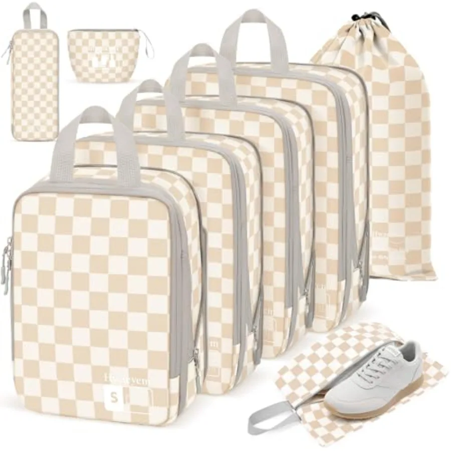 

Набор из 8 компрессионных упаковочных кубов для путешествий, легкие и прочные, для организации багажа, цвет хаки в клетку