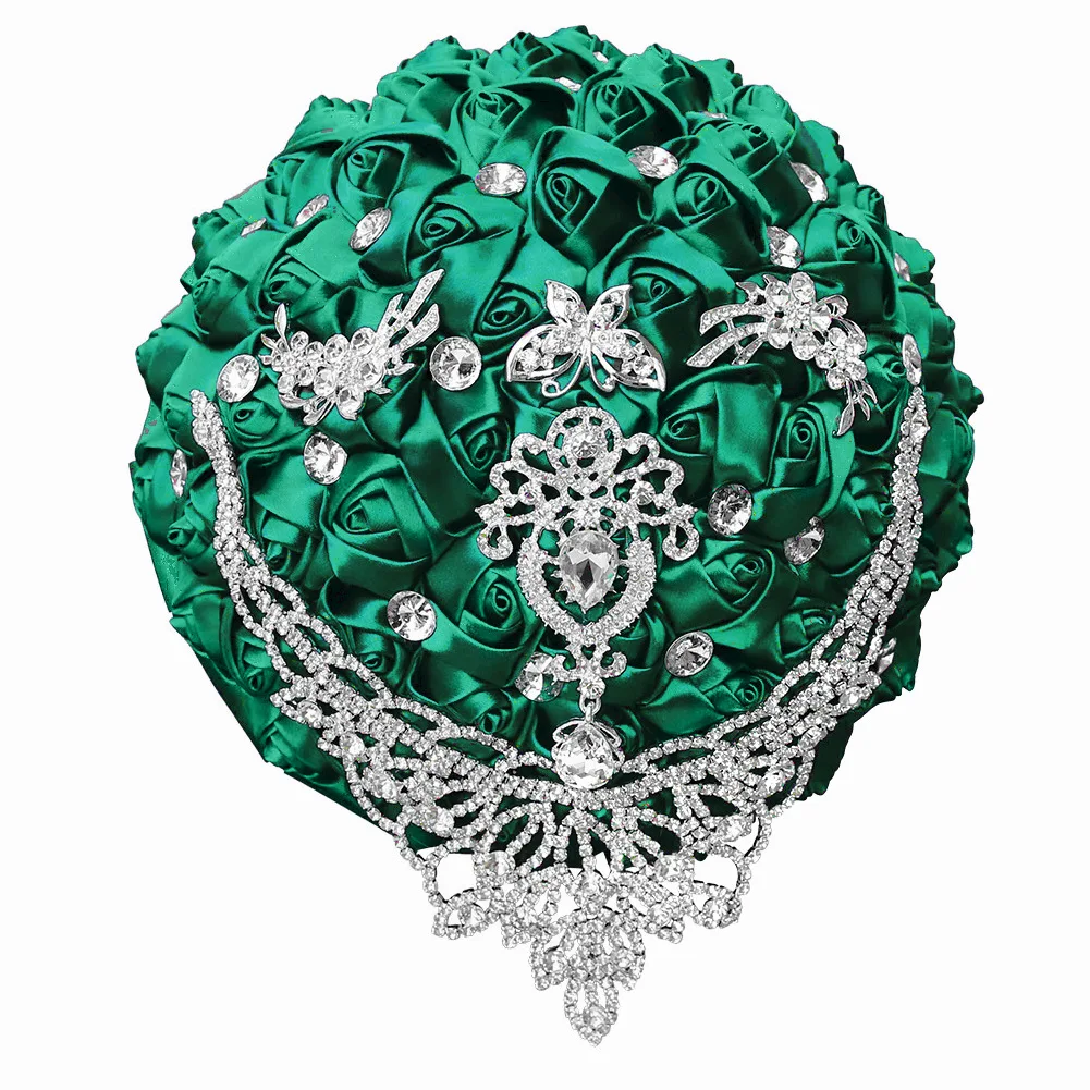 Wedding Supplies Emerald Green Satin Silk Rose Simulation Bouquet For Bride Creative Rhinestone Bouquet Bridesmaids Accessories