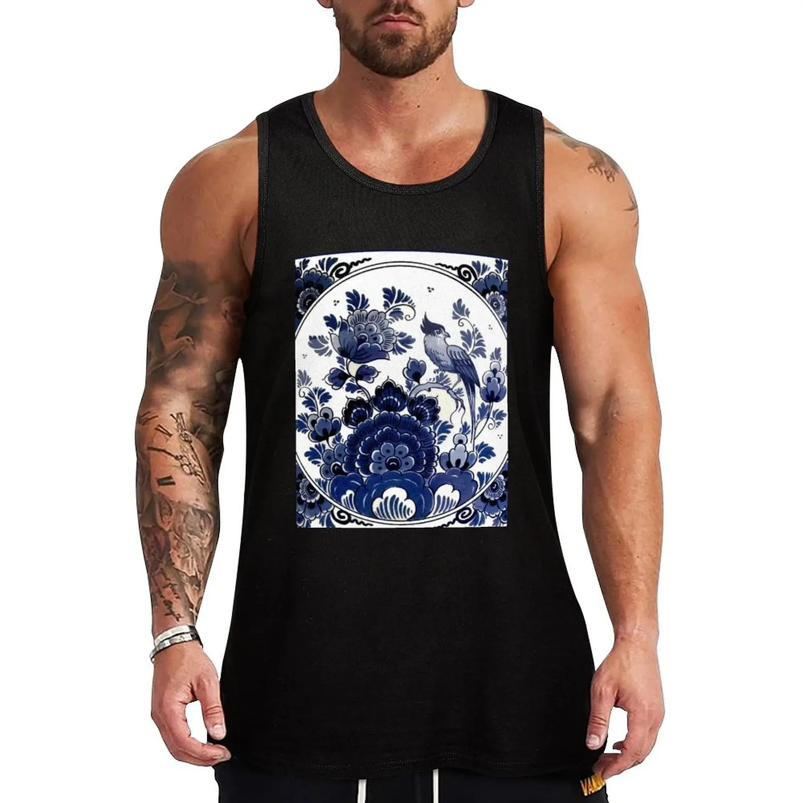 

DUTCH BLUE DELFT : Vintage Blue Bird and Flowers Print Tank Top Dry Fit Tank Top Moisture Wicking Sports Sleeveless