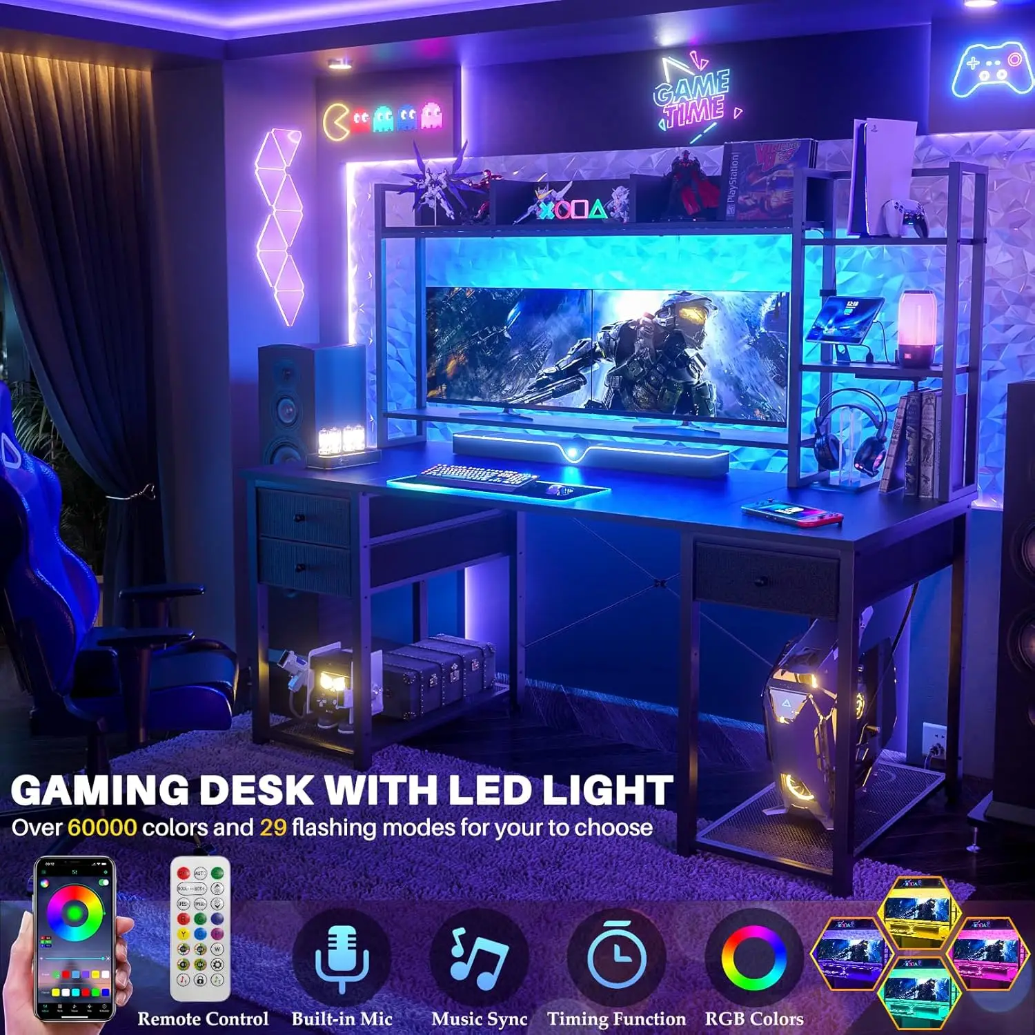 Aheaplus-Mesa Gaming reversível com LED e Tomadas, Mesa do computador, Hutch com gavetas, Mesa de escritório, 47,2 polegadas