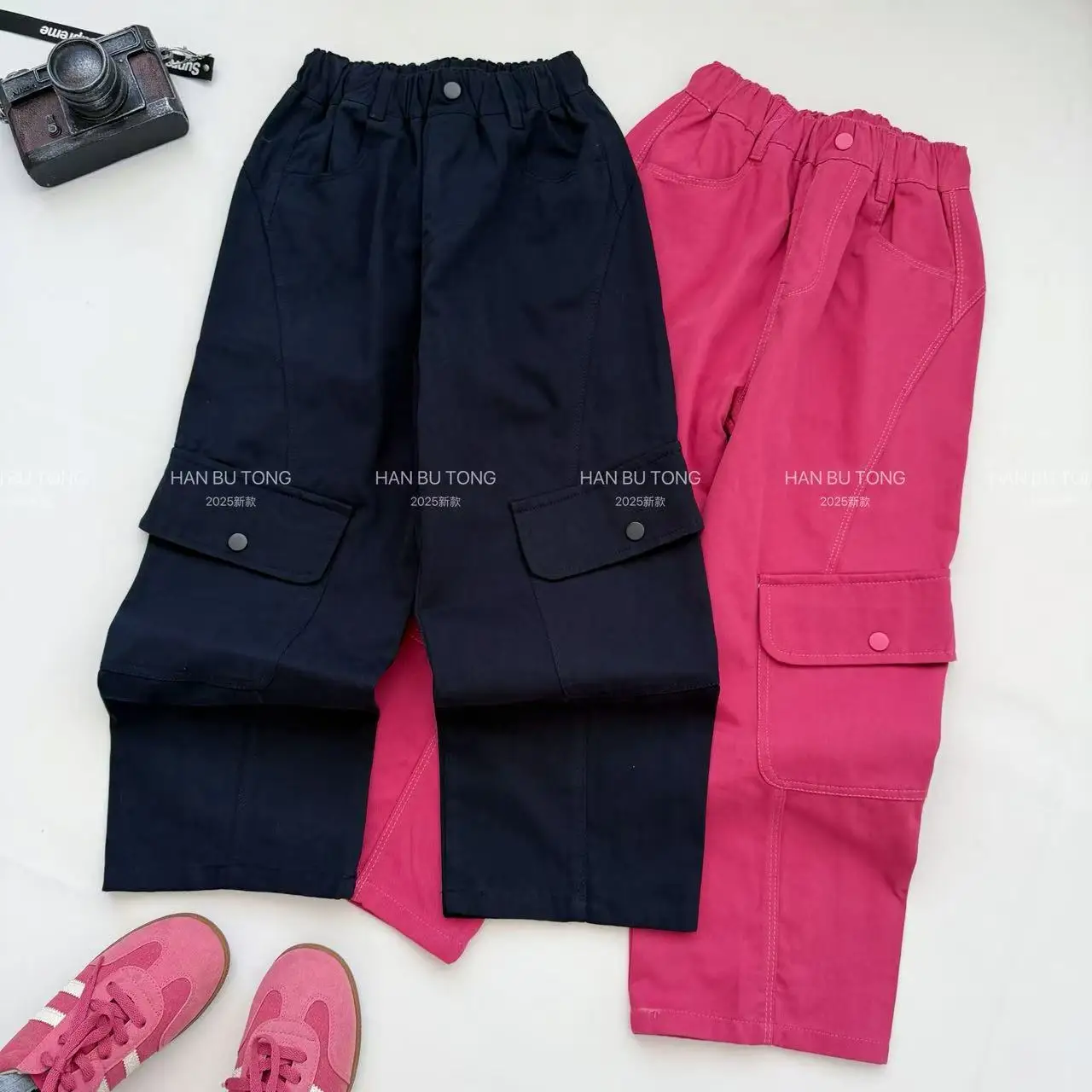 

Girls Solid Color Pocket Pants 2025 Spring and Autumn New Fashionable Childrens Fashionable Legged Casual Pants