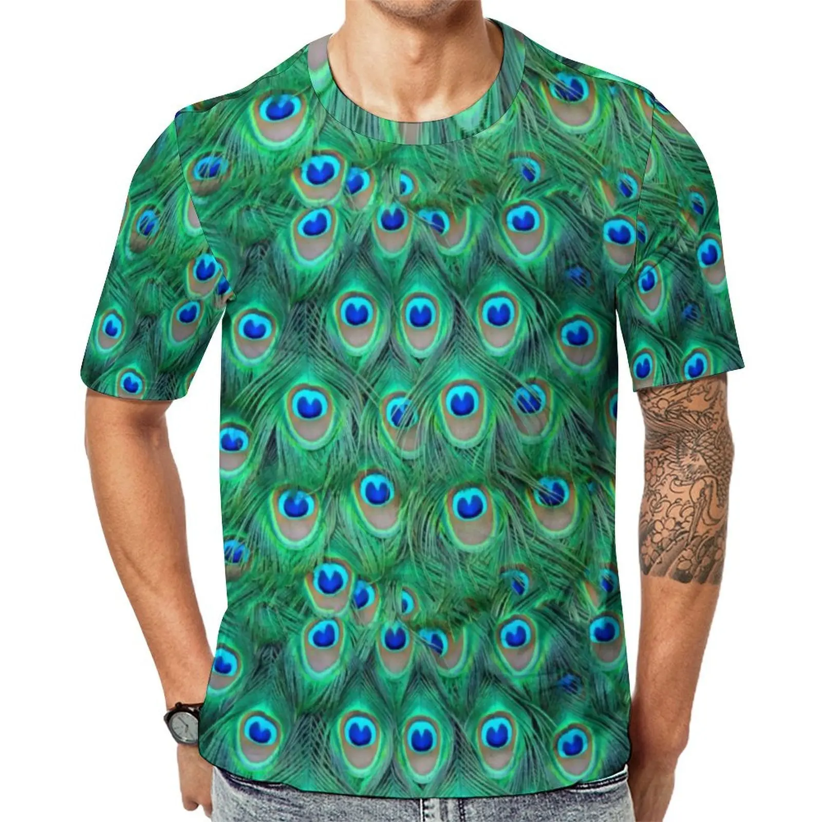 Original T-Shirt Fancy Peacock Feathers T-Shirts Cute Animal Print Streetwear Trendy Tee Shirt Man Short Sleeve Plus Size Tops