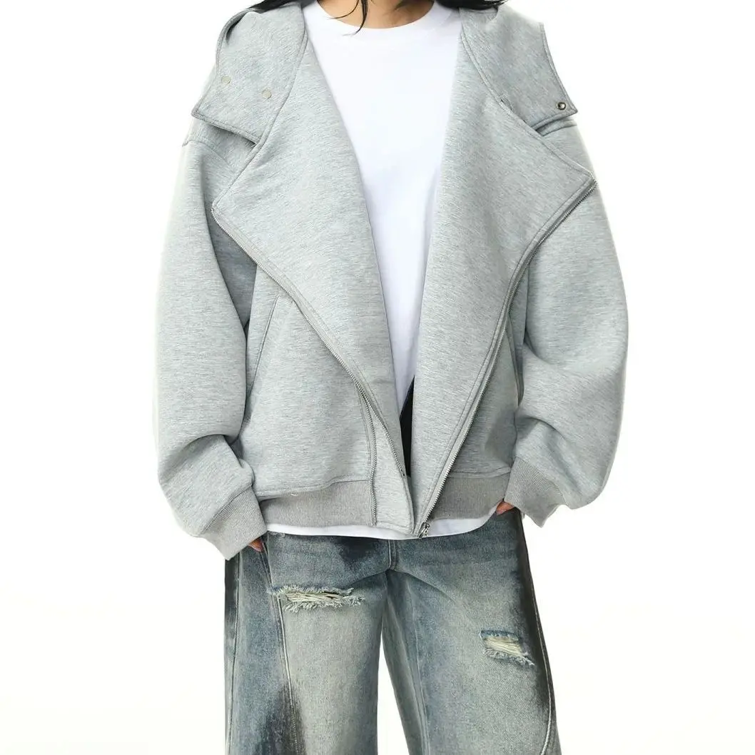Spring and Autumn Solid Color Functional Hooded Double Zipper Hooded Retro Thickened Sweater Jacket