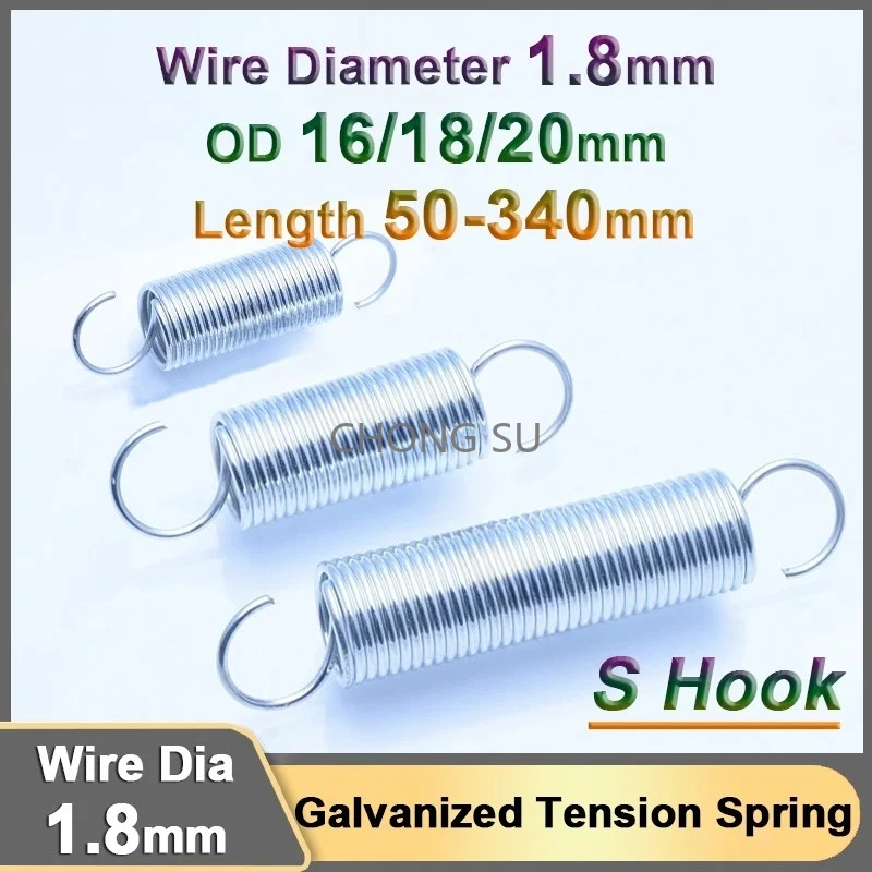 

1.8mm Galvanized Open Hook Tension spring Expansion Spring Extension Pullback Stretching Spring S Hook OD 16/18/20mm L=50-340mm
