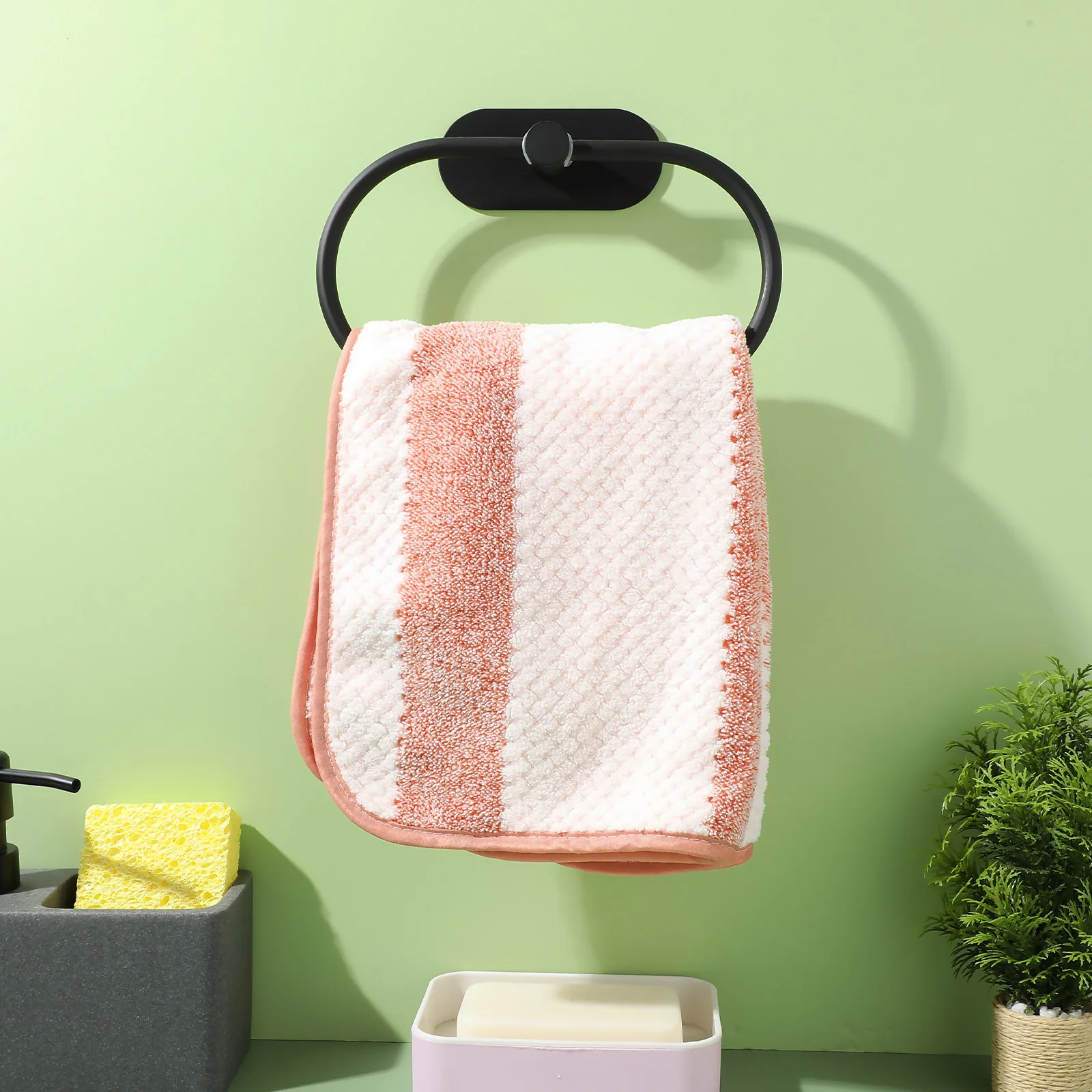 

Wall Mounted Metal Towel Ring Adhesive No Drilling Bathroom Rotatable Towel Holder Organizer Bathroom Supplies