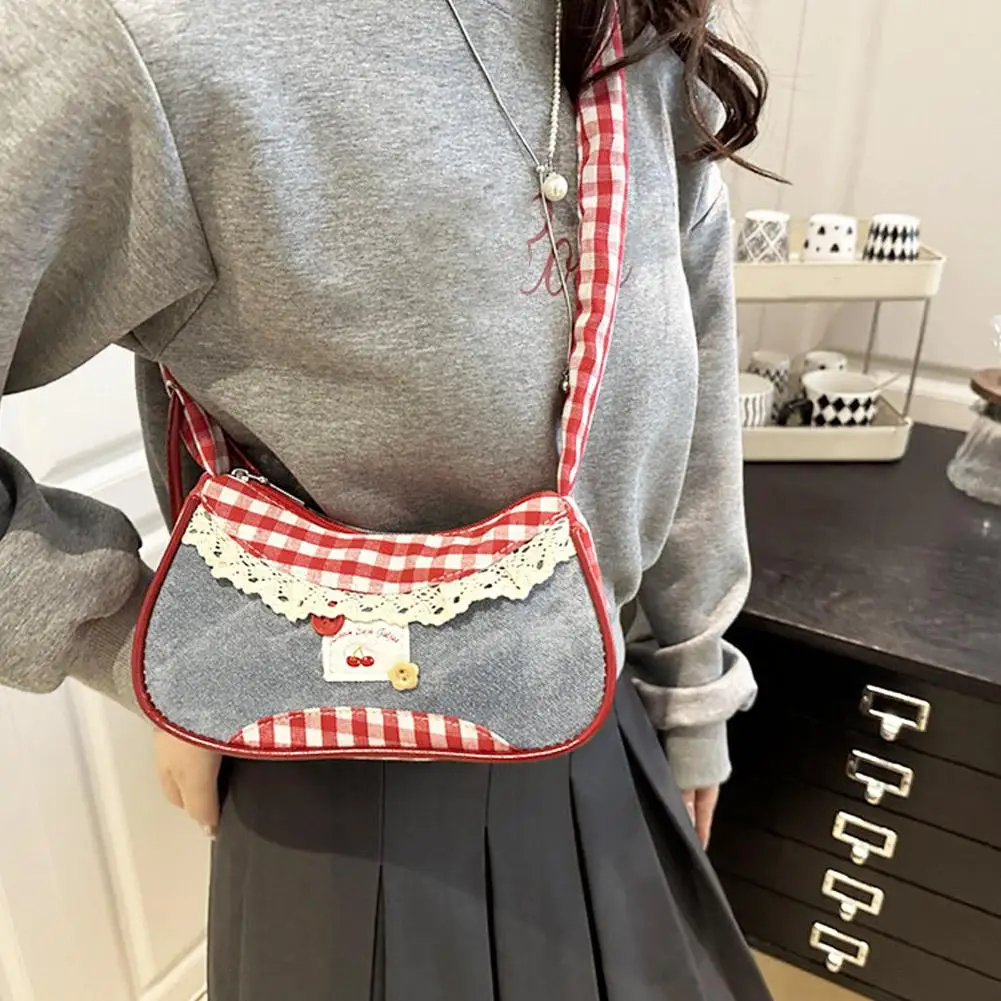 

Handbag Denim Blue Bow Plaid Shoulder Bag Large Capacity Lace Ribbon Cloth Underarm Bags Adjustable Length Daily Shoulder Bag