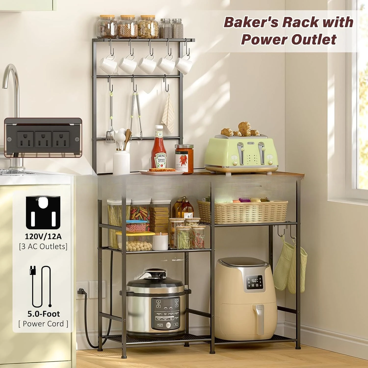 رف فرن الميكروويف للمطبخ، وعاء من الحديد المطاوع من الأرض إلى السقف، رف فرن ميكروويف متعدد الوظائف للتخزين مع مقبس طاقة #2