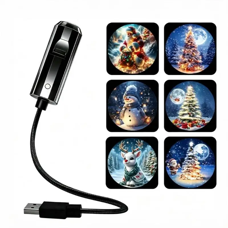 ~USB Powered Xmas LED Projector Light With 6 Interchangeable Slides For Indoor Party Home Bedroom Decor