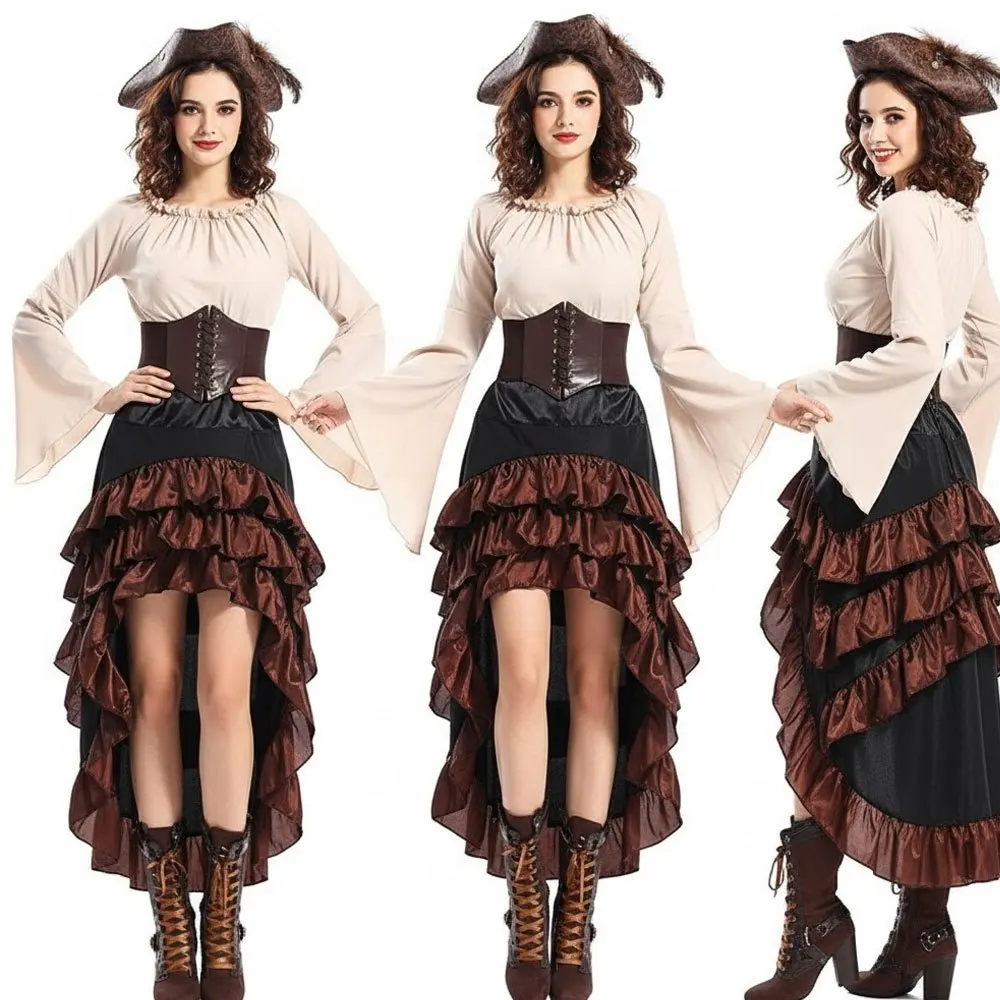 

Средневековый костюм королевы пирата нестандартной формы - корсетный топ с макси-юбкой с рюшами, костюм для косплея навигатора для женщин