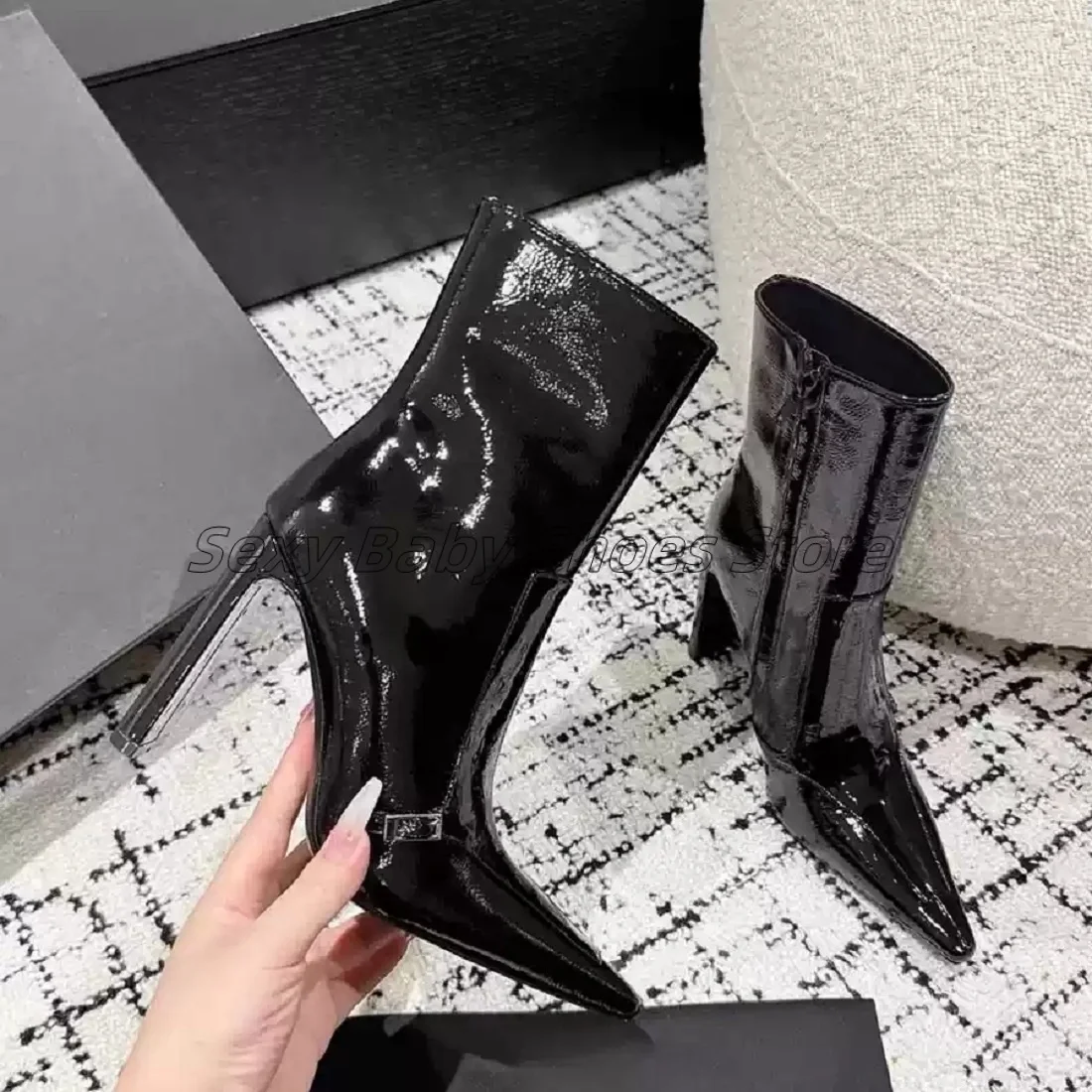 

Black Pointed Wrinkled Patent Leather Thick Heel Motorcycle Boots New Slimming Side Zipper High-heeled Women's Boots