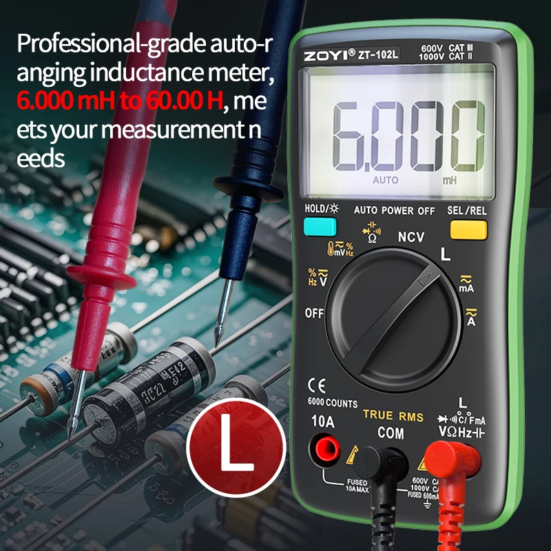 ZOYI ZT-102L Auto-Ranging Inductance 60H High-Precision Anti-Burn Multimeter with Capacitance, Temperature & NCV