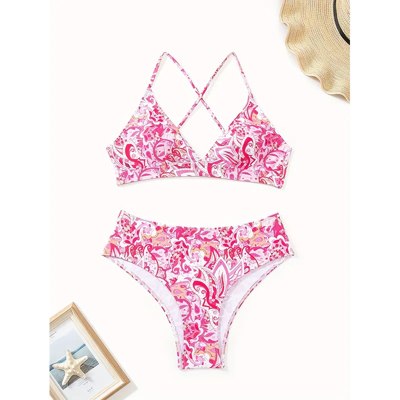 

2025 Printed Two-Piece Swimsuit Sexy Deep V European and American New Backless High Waist Pure Desire Style Bikini