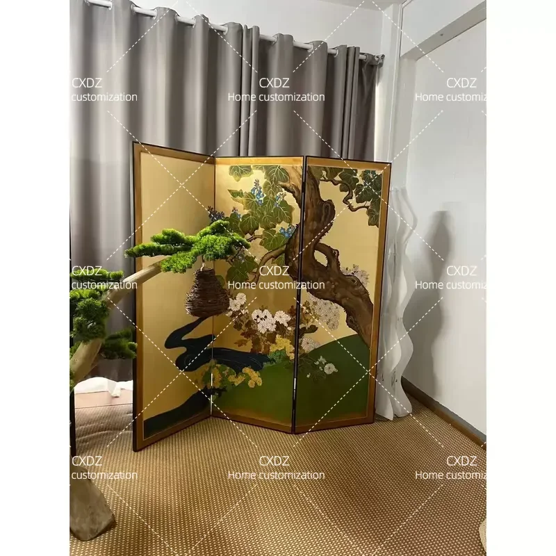 Custom Medieval Style Hand Painted Gold Foil Pine Lacquer Folding Screen Room Divider for Living Room Bedroom Tea Room